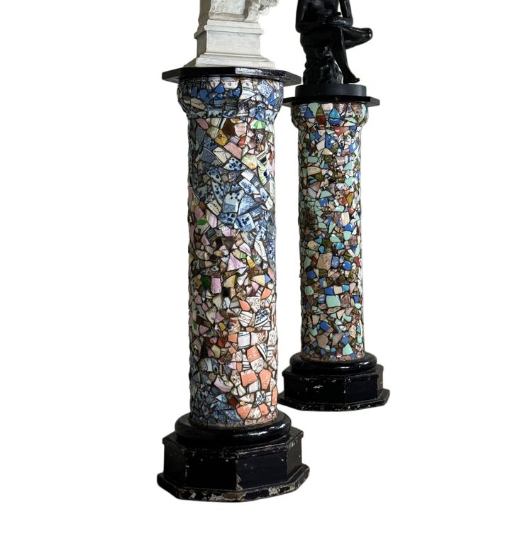 Pair of Columns Decorated with Fragments of Earthenware and Porcelain, Folk Art Circa 1900