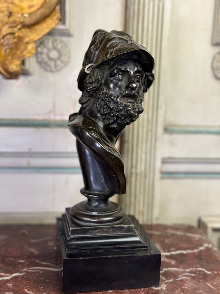 Bust of Ajax, Bronze with Black Patina on a Black Marble Base from Belgium, 19th Century