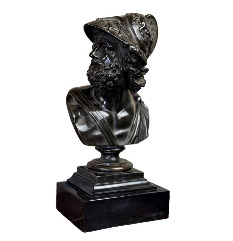 Bust of Ajax, Bronze with Black Patina on a Black Marble Base from Belgium, 19th Century
