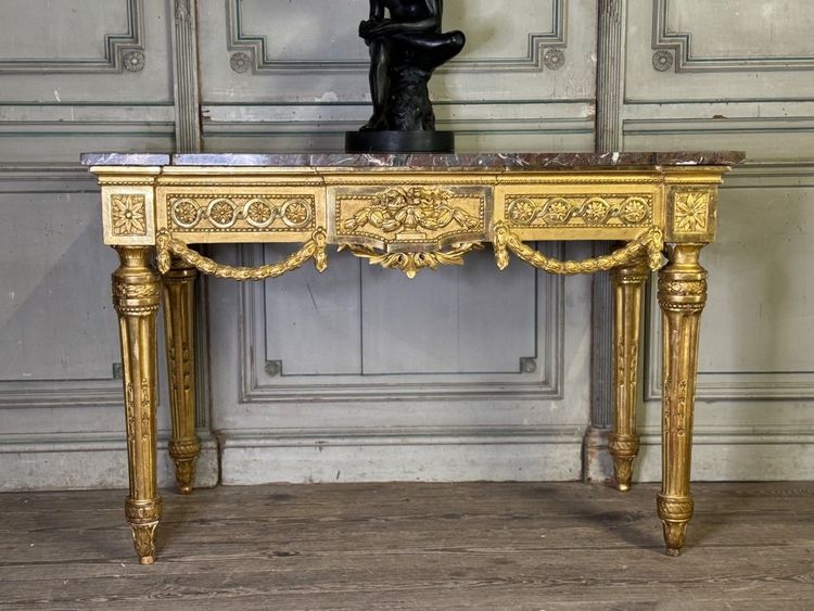 Console Louis XVI En Bois Doré, Marbre Gris Des Ardennes, XVIIIème Siècle
