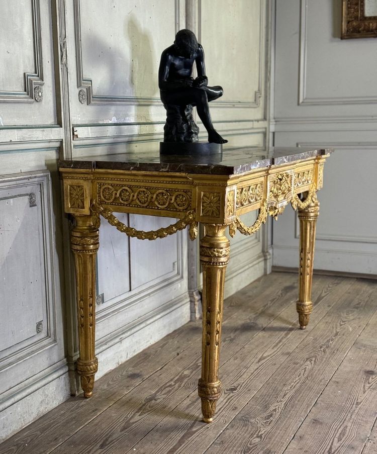 Console Louis XVI En Bois Doré, Marbre Gris Des Ardennes, XVIIIème Siècle