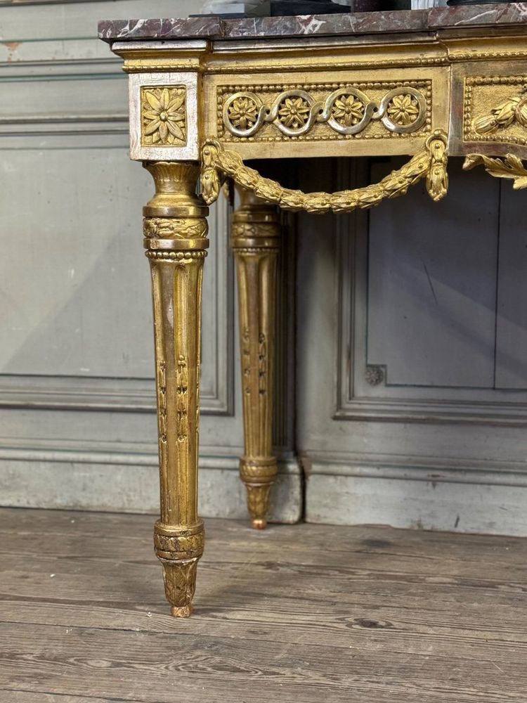 Console Louis XVI En Bois Doré, Marbre Gris Des Ardennes, XVIIIème Siècle