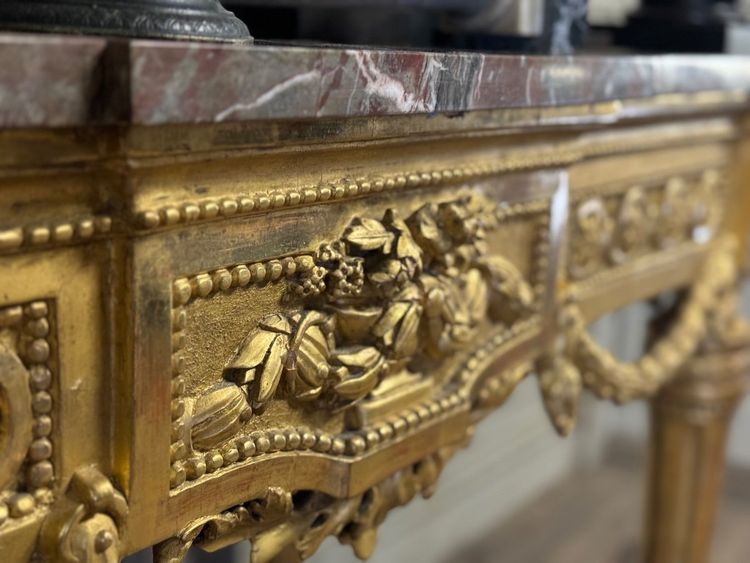 Console Louis XVI En Bois Doré, Marbre Gris Des Ardennes, XVIIIème Siècle