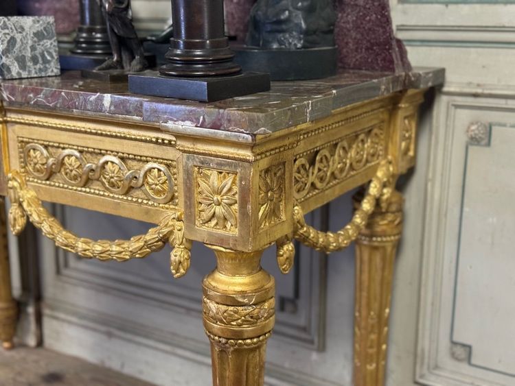 Console Louis XVI En Bois Doré, Marbre Gris Des Ardennes, XVIIIème Siècle