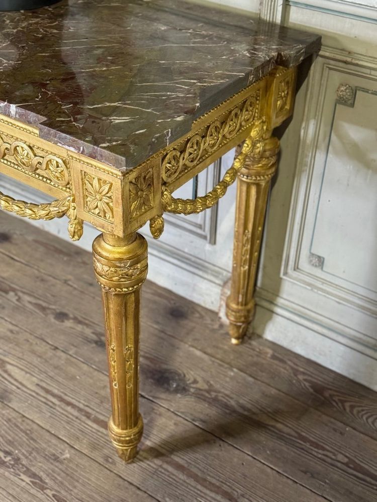 Console Louis XVI En Bois Doré, Marbre Gris Des Ardennes, XVIIIème Siècle