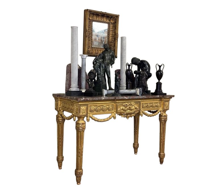 Console Louis XVI En Bois Doré, Marbre Gris Des Ardennes, XVIIIème Siècle