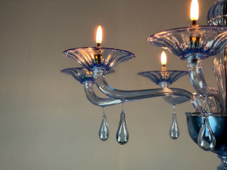 Lustre Vénitien En Verre De Murano Bleu, 8 Bras De Lumière