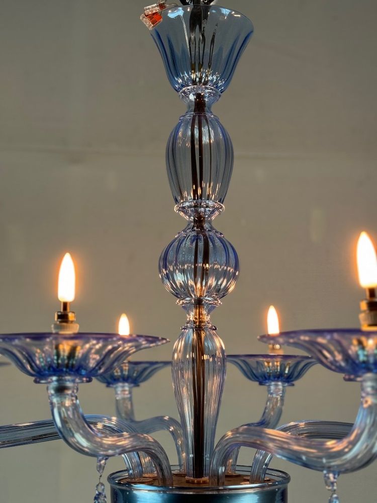 Lustre Vénitien En Verre De Murano Bleu, 8 Bras De Lumière