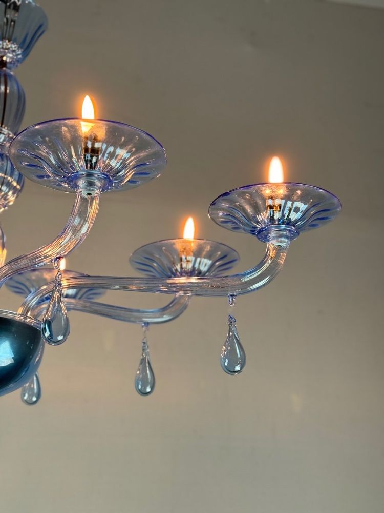 Lustre Vénitien En Verre De Murano Bleu, 8 Bras De Lumière