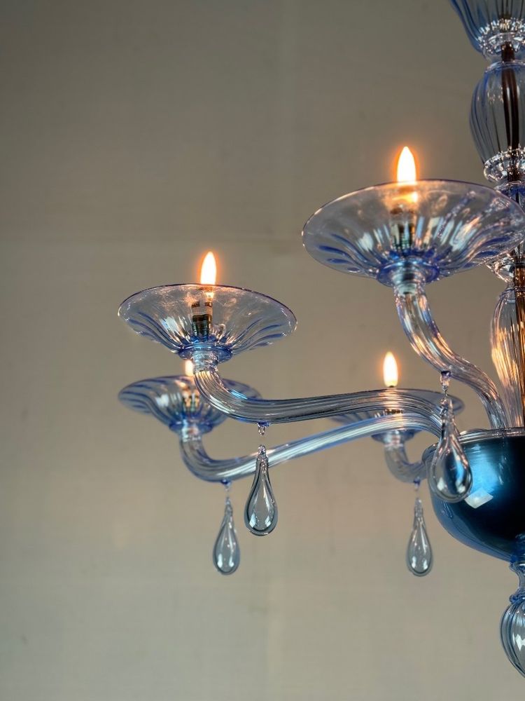 Lustre Vénitien En Verre De Murano Bleu, 8 Bras De Lumière