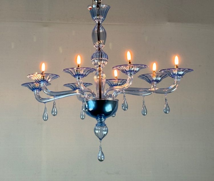 Lustre Vénitien En Verre De Murano Bleu, 8 Bras De Lumière