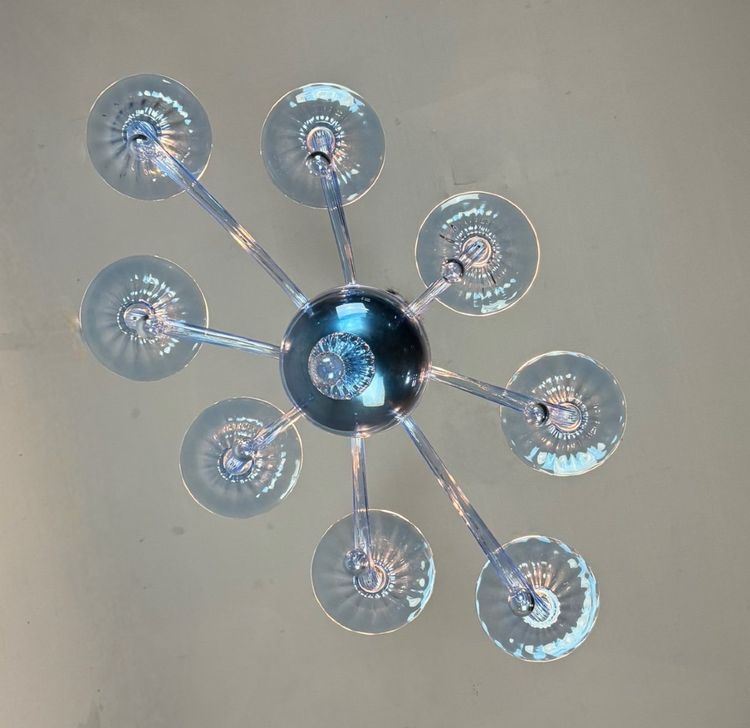 Lustre Vénitien En Verre De Murano Bleu, 8 Bras De Lumière