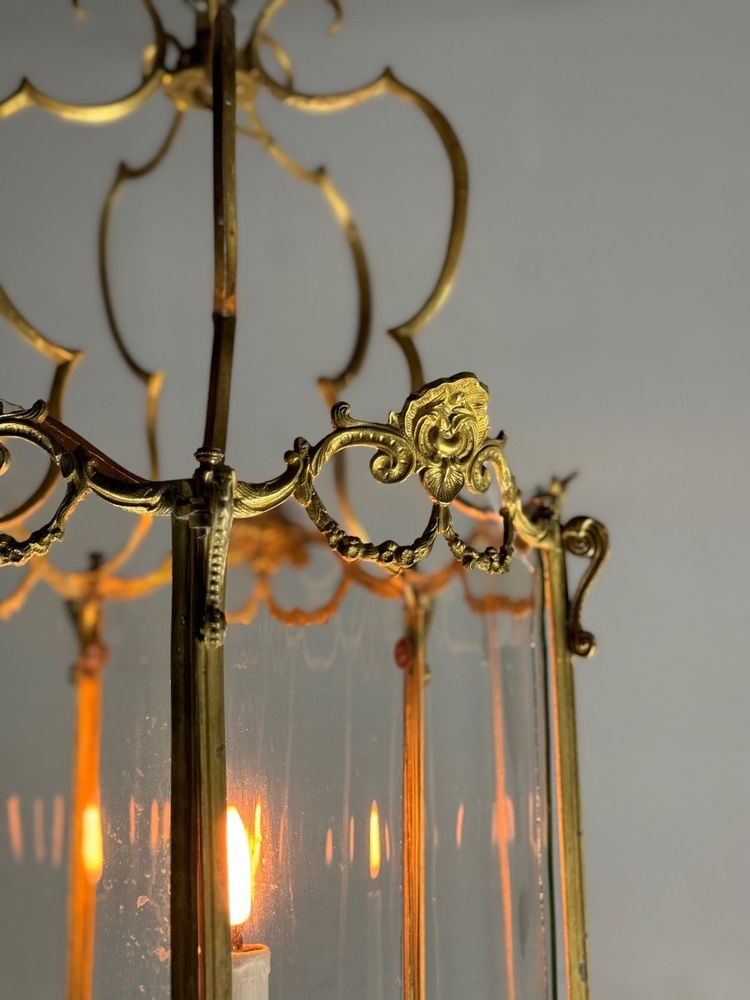 Laterne aus vergoldeter Bronze, Original gebogenes Glas, um 1900