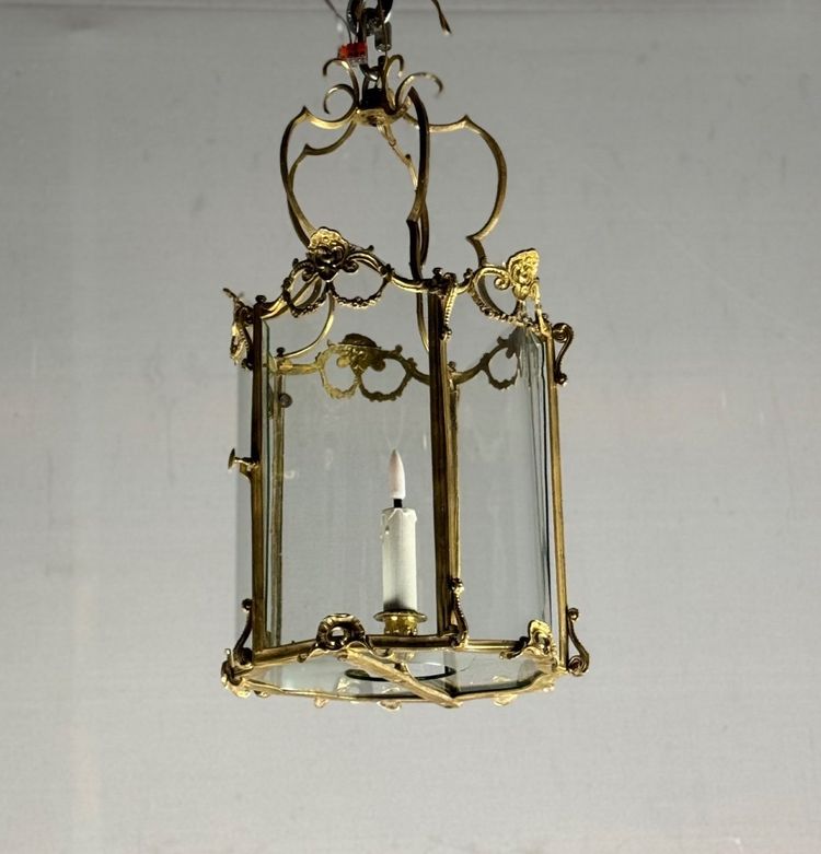 Laterne aus vergoldeter Bronze, Original gebogenes Glas, um 1900