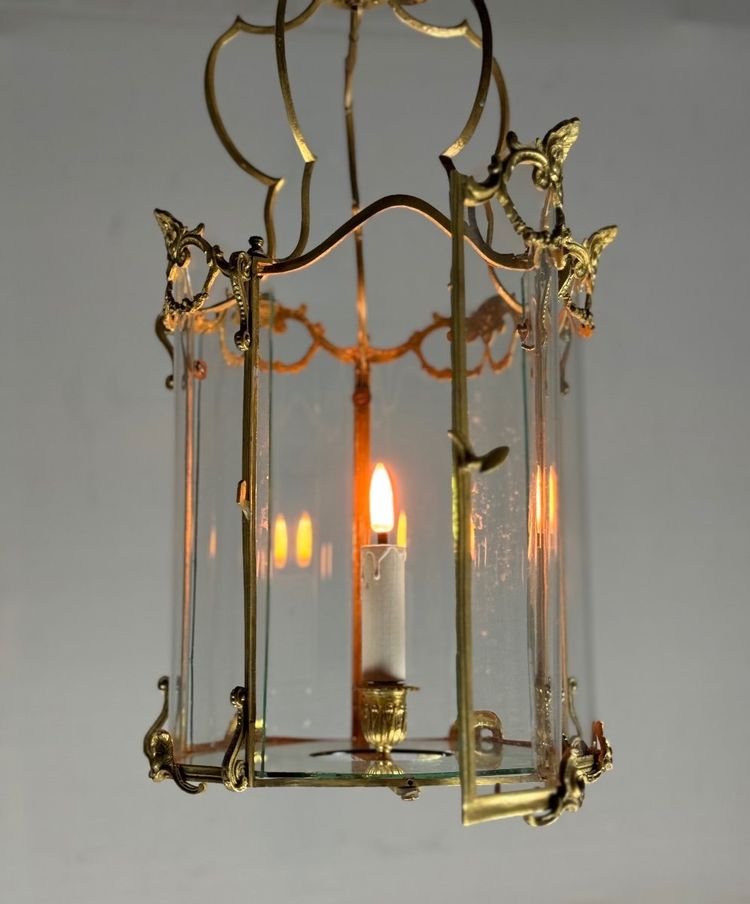 Laterne aus vergoldeter Bronze, Original gebogenes Glas, um 1900