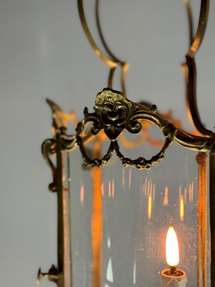 Laterne aus vergoldeter Bronze, Original gebogenes Glas, um 1900