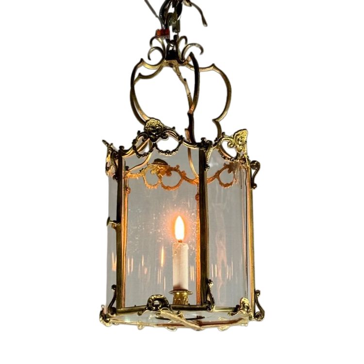 Laterne aus vergoldeter Bronze, Original gebogenes Glas, um 1900