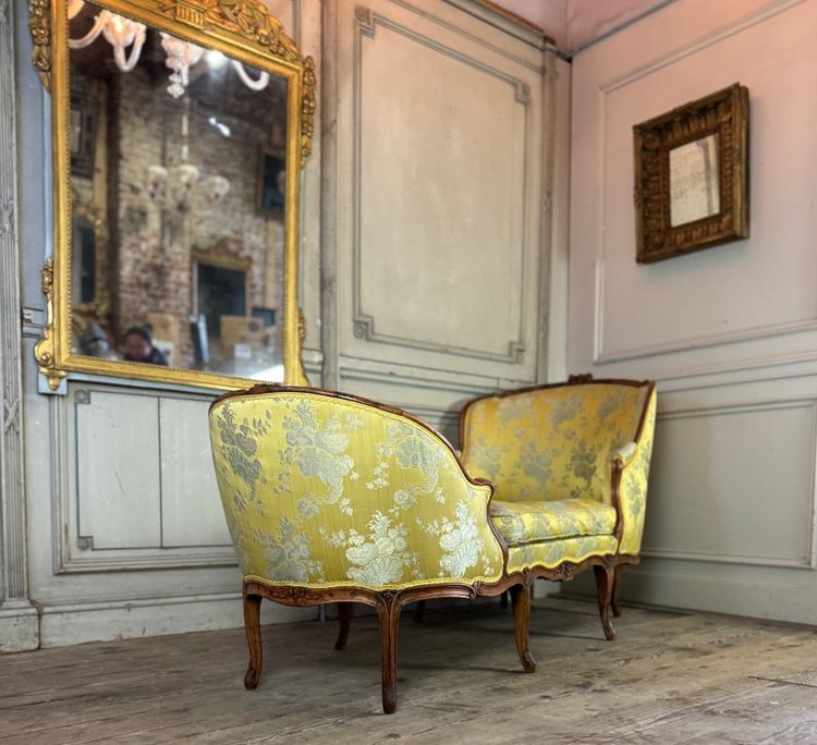 Duchesse En Bateau, Chaise Longue, Louis XV, Soierie Jaune, XVIIIème Siècle