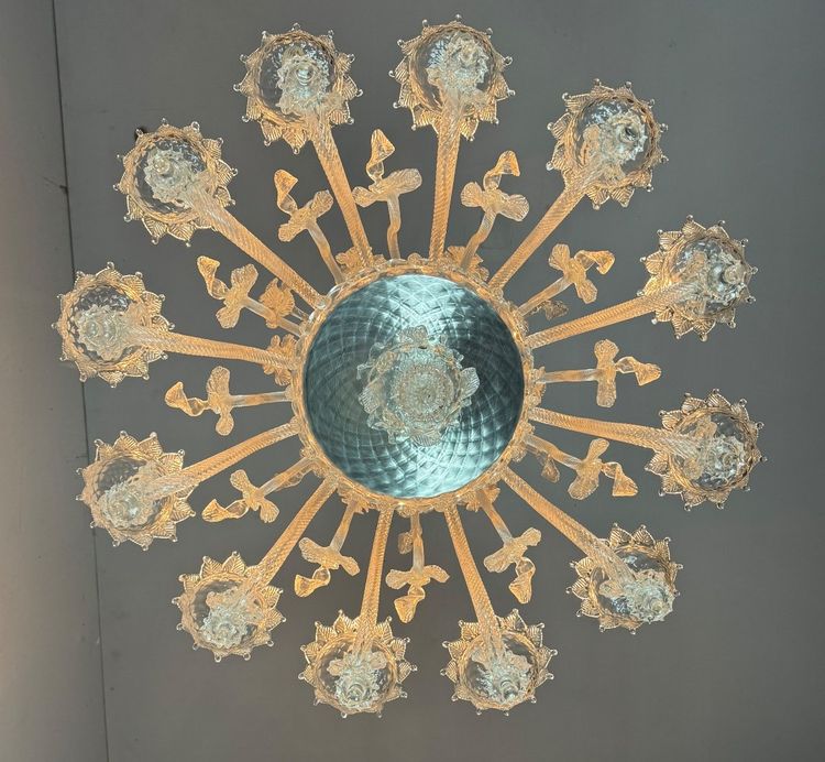 Venetian Chandelier In Colorless Murano Glass, 12 Light Arms, Circa 1900