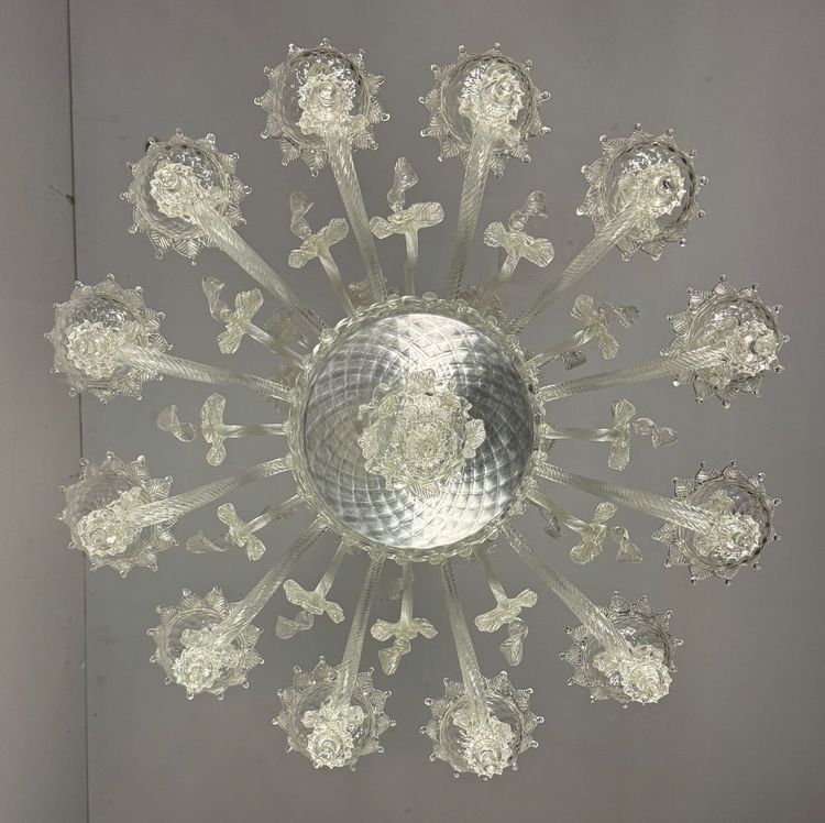 Venetian Chandelier In Colorless Murano Glass, 12 Light Arms, Circa 1900