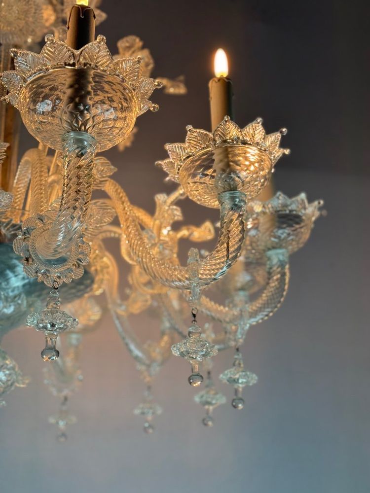Venetian Chandelier In Colorless Murano Glass, 12 Light Arms, Circa 1900