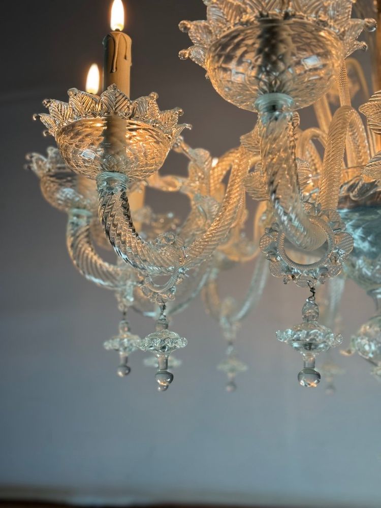 Venetian Chandelier In Colorless Murano Glass, 12 Light Arms, Circa 1900