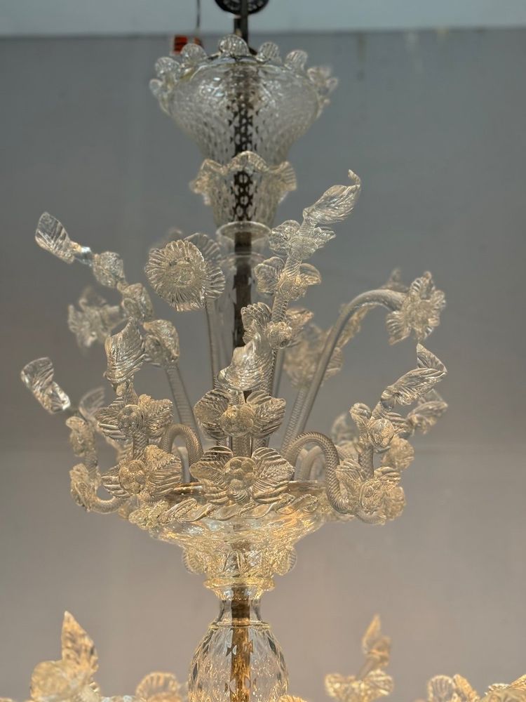 Venetian Chandelier In Colorless Murano Glass, 12 Light Arms, Circa 1900