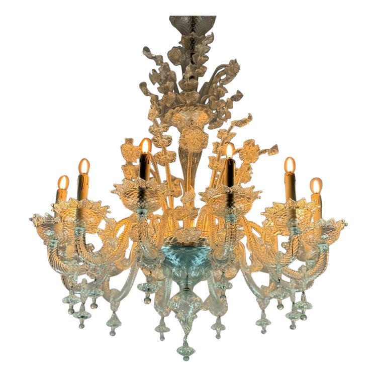 Venetian Chandelier In Colorless Murano Glass, 12 Light Arms, Circa 1900