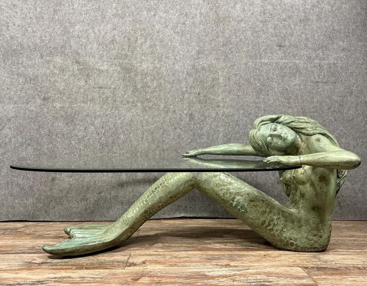 Couchtisch aus Bronze mit Meerjungfrauen-Motiv und grüner Patina, um 1970