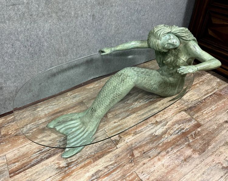 Couchtisch aus Bronze mit Meerjungfrauen-Motiv und grüner Patina, um 1970