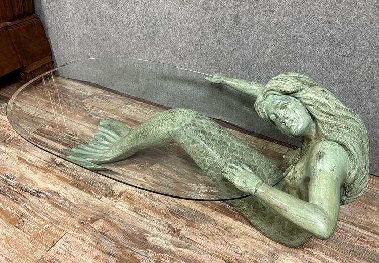 Couchtisch aus Bronze mit Meerjungfrauen-Motiv und grüner Patina, um 1970