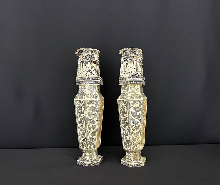 Pair of Large Carved Vases – Japan, Meiji Period