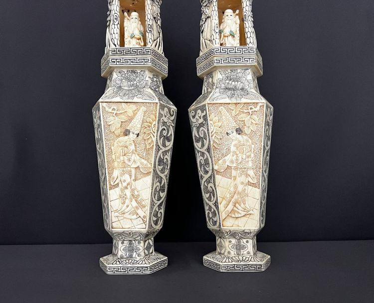 Pair of Large Carved Vases – Japan, Meiji Period