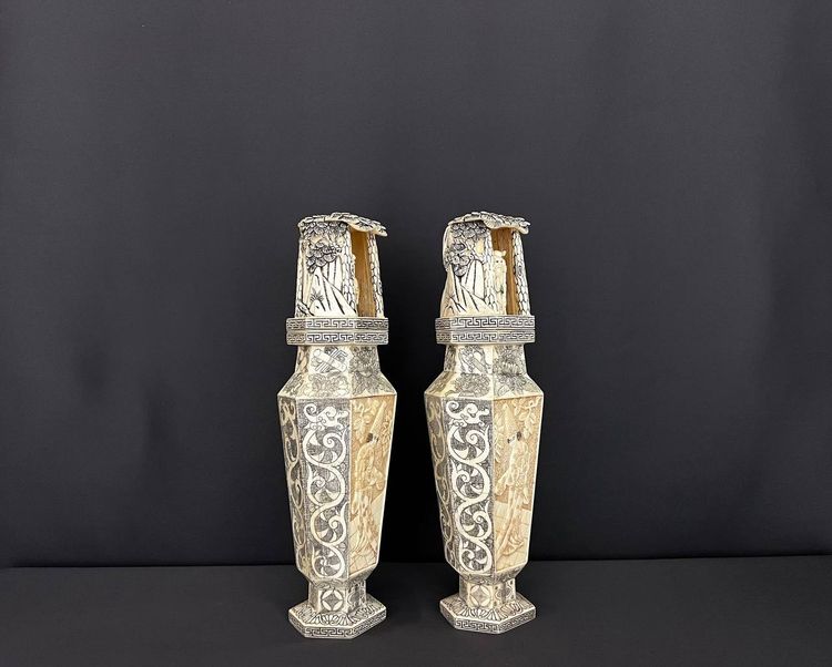 Pair of Large Carved Vases – Japan, Meiji Period