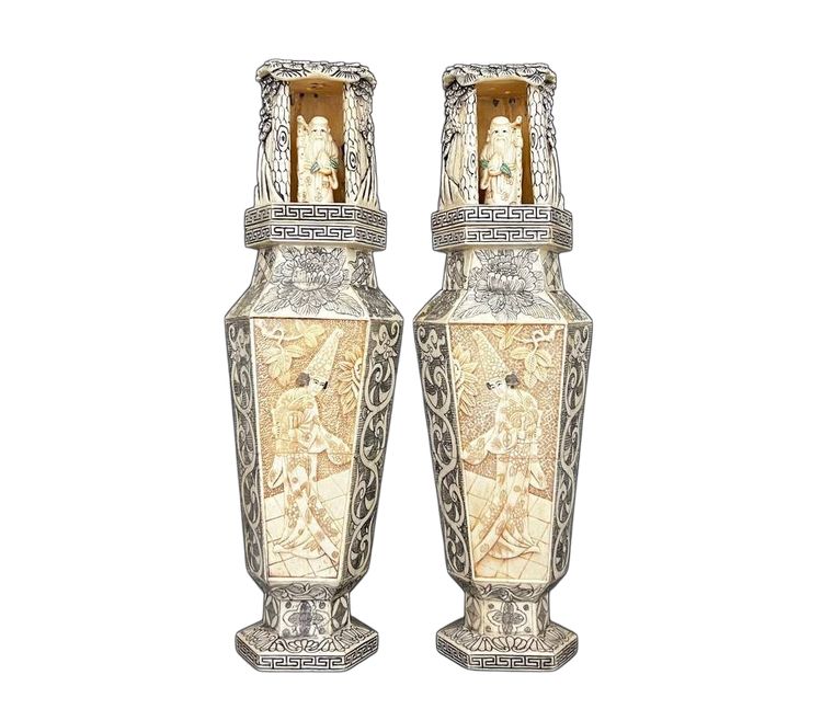 Pair of Large Carved Vases – Japan, Meiji Period
