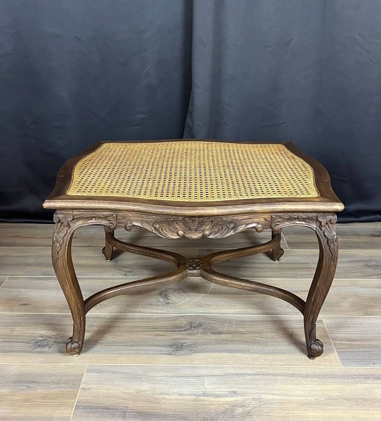 Tabouret de style Louis XV ancien en bois sculpté & assise cannée
