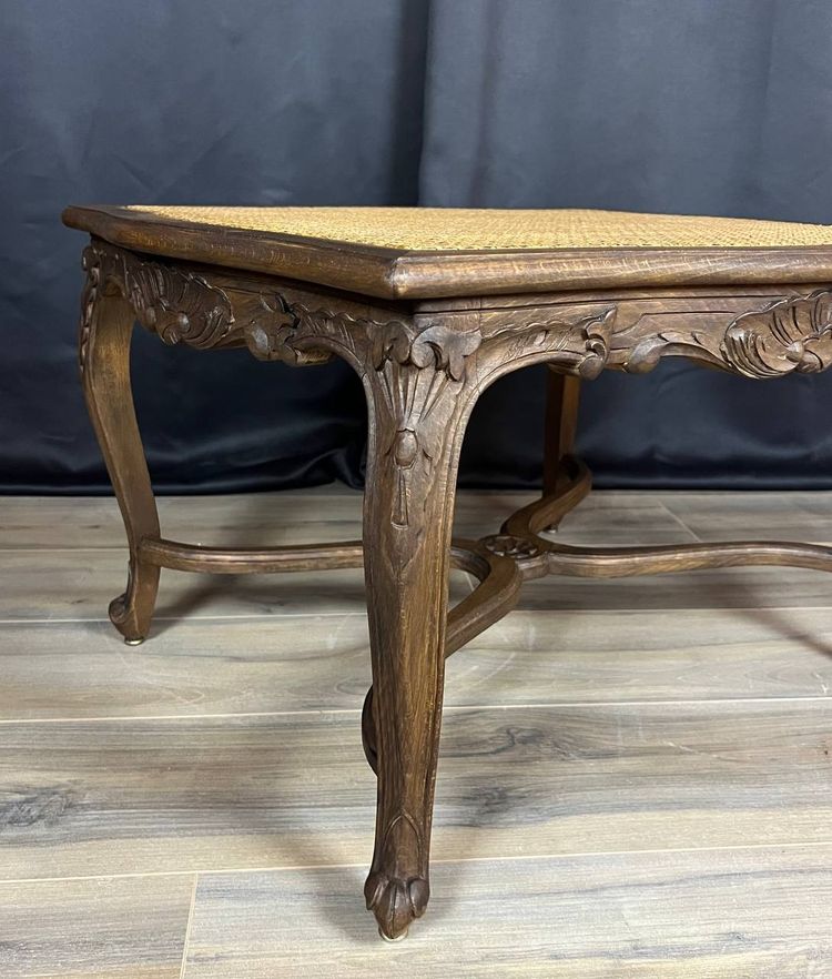 Tabouret de style Louis XV ancien en bois sculpté & assise cannée