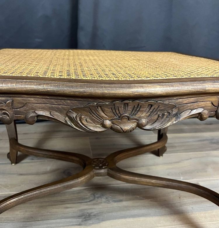 Tabouret de style Louis XV ancien en bois sculpté & assise cannée