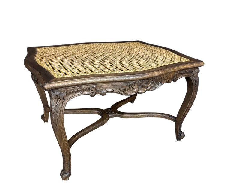 Tabouret de style Louis XV ancien en bois sculpté & assise cannée