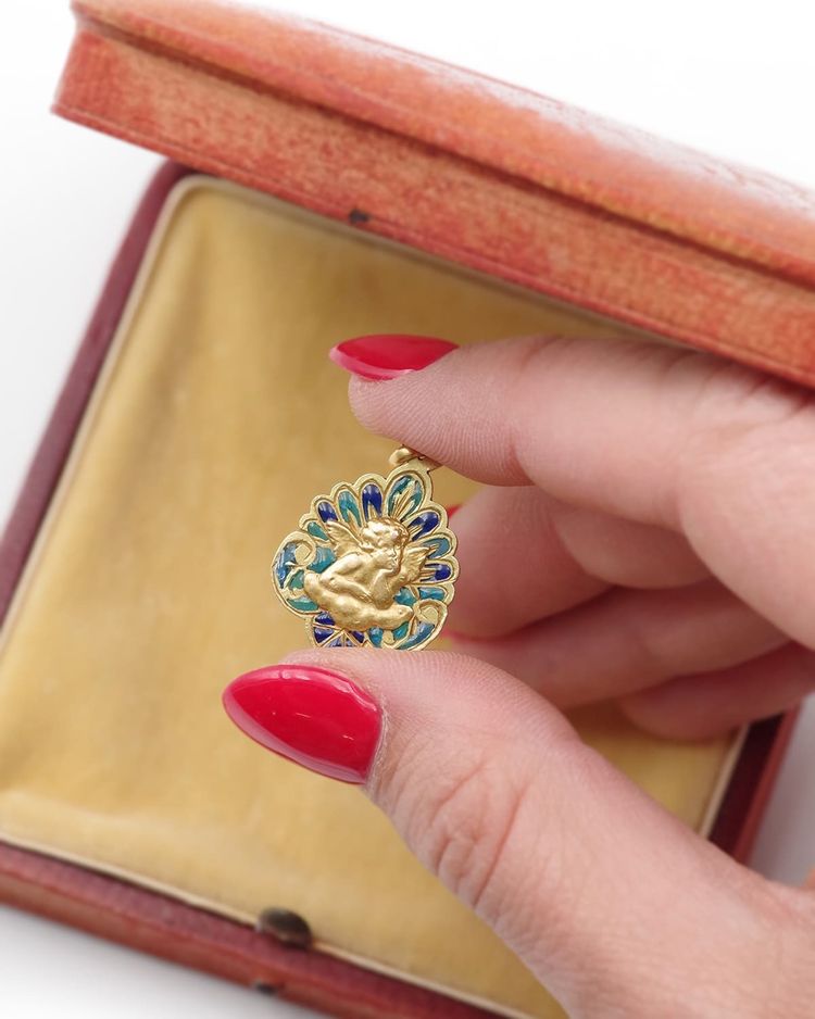 Médaille Art Nouveau Ange de Raphaël en or 18k, pendentif religieux, email plique a jour, bleu