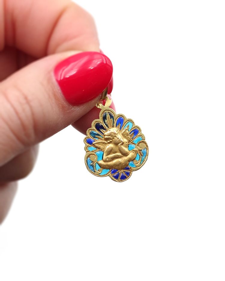 Médaille Art Nouveau Ange de Raphaël en or 18k, pendentif religieux, email plique a jour, bleu