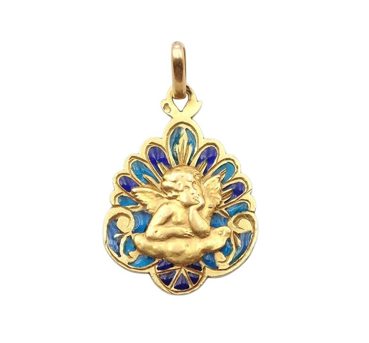 Médaille Art Nouveau Ange de Raphaël en or 18k, pendentif religieux, email plique a jour, bleu