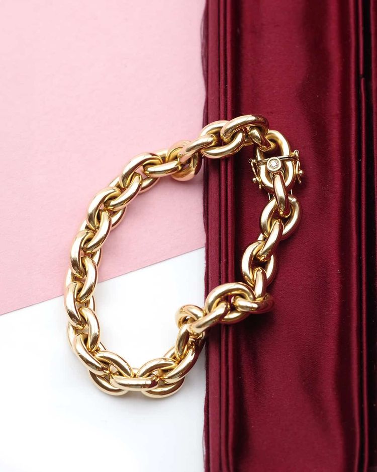 Bracciale largo a maglia ovale in oro 18k, stile maglia a catena di ancoraggio, bracciale vintage
