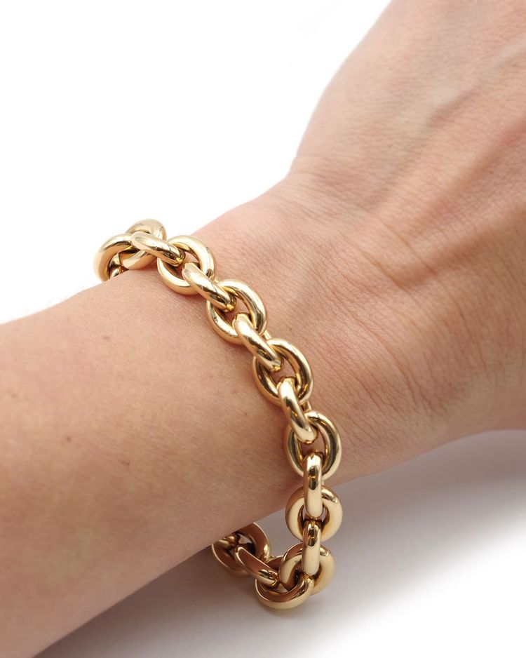 Bracciale largo a maglia ovale in oro 18k, stile maglia a catena di ancoraggio, bracciale vintage