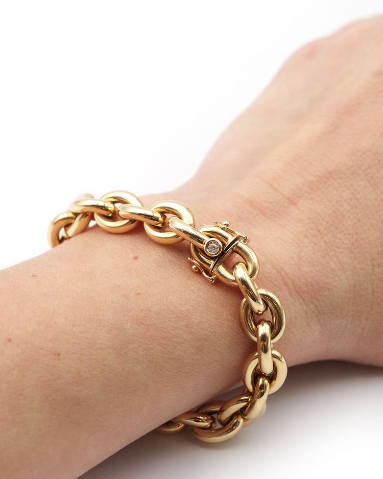 Bracciale largo a maglia ovale in oro 18k, stile maglia a catena di ancoraggio, bracciale vintage