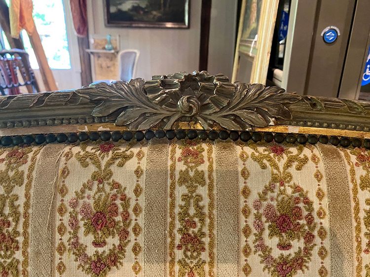 Louis XVI style basket sofa, grey/green lacquered wood circa 1900