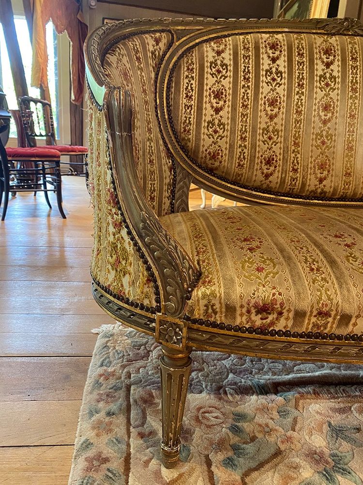 Louis XVI style basket sofa, grey/green lacquered wood circa 1900