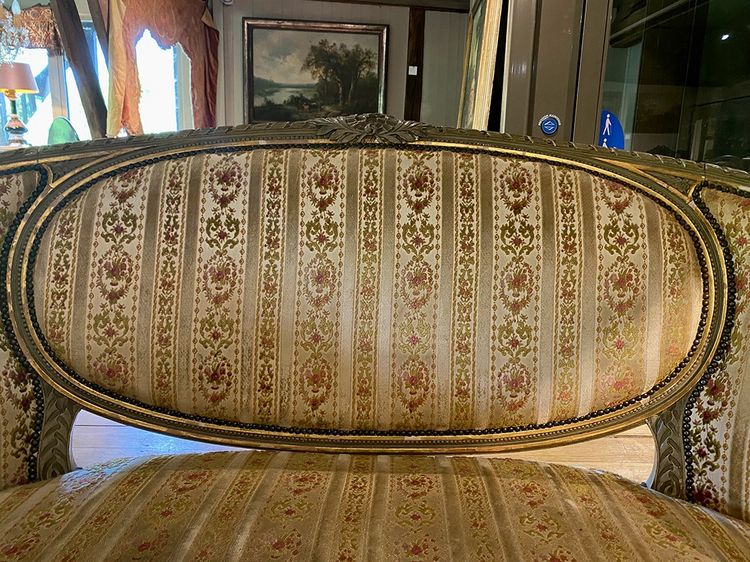 Louis XVI style basket sofa, grey/green lacquered wood circa 1900