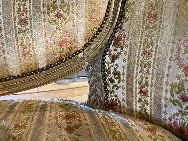 Louis XVI style basket sofa, grey/green lacquered wood circa 1900