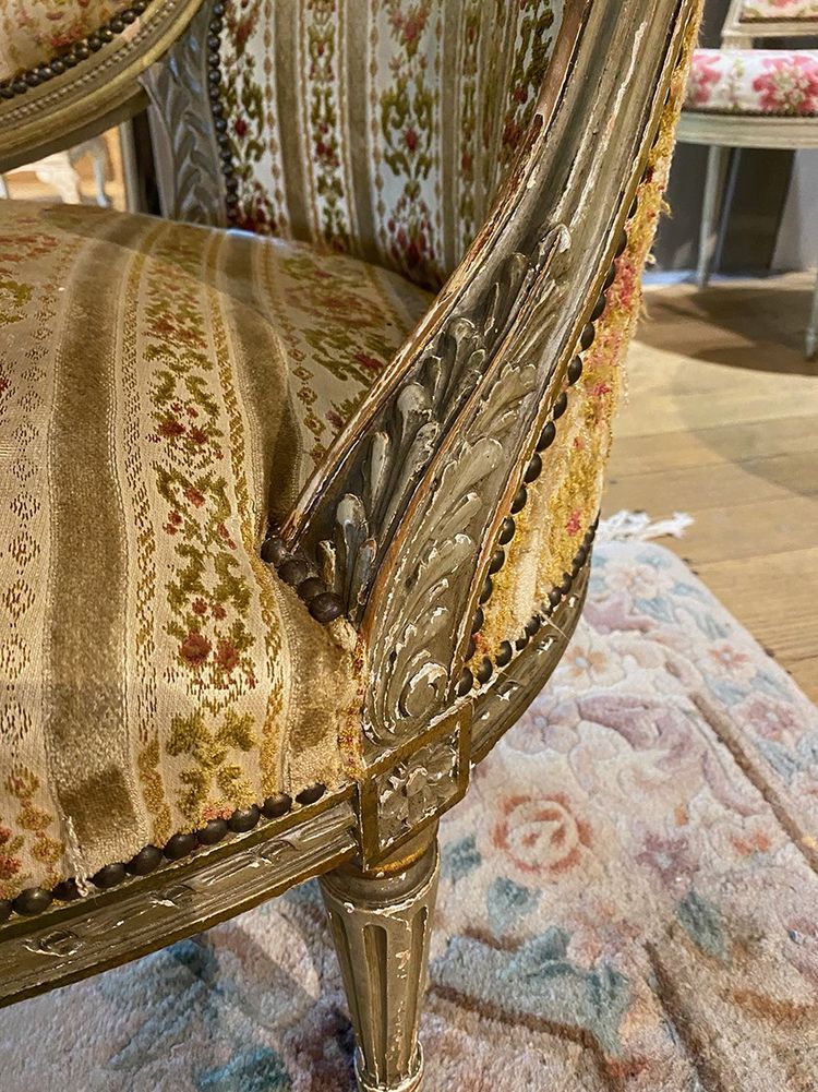 Louis XVI style basket sofa, grey/green lacquered wood circa 1900
